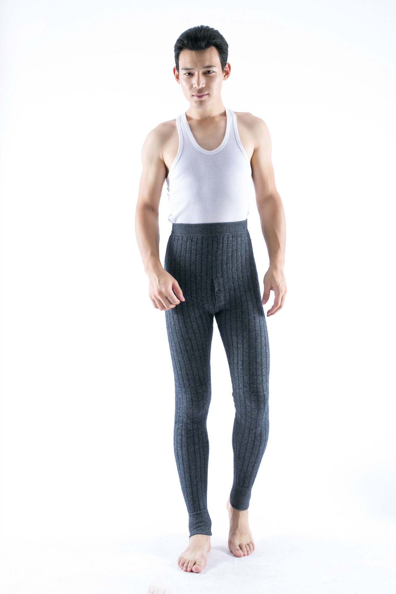 2017秋冬新款男士纯色抽条针织打底裤羊绒裤加厚护膝时尚百搭大码
