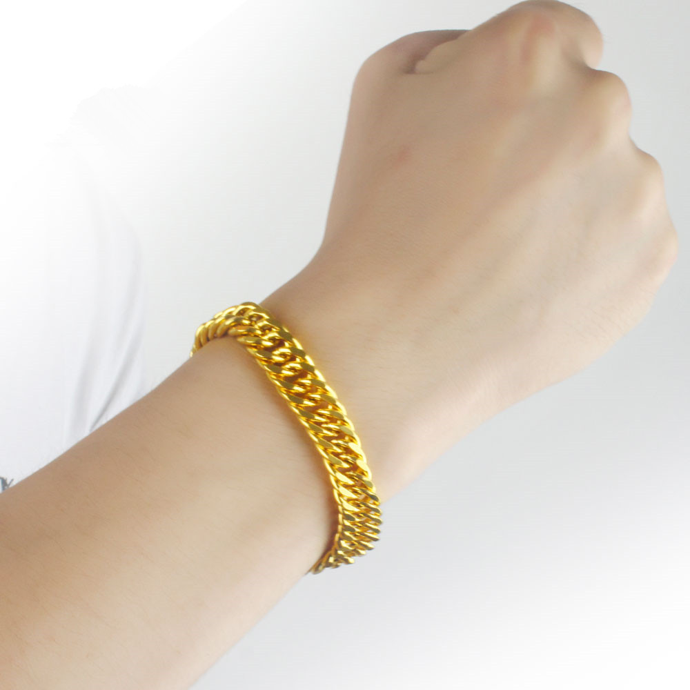 黄铜24k镀金男士粗款平板马鞭手链 保色霸气双扣金手链批发