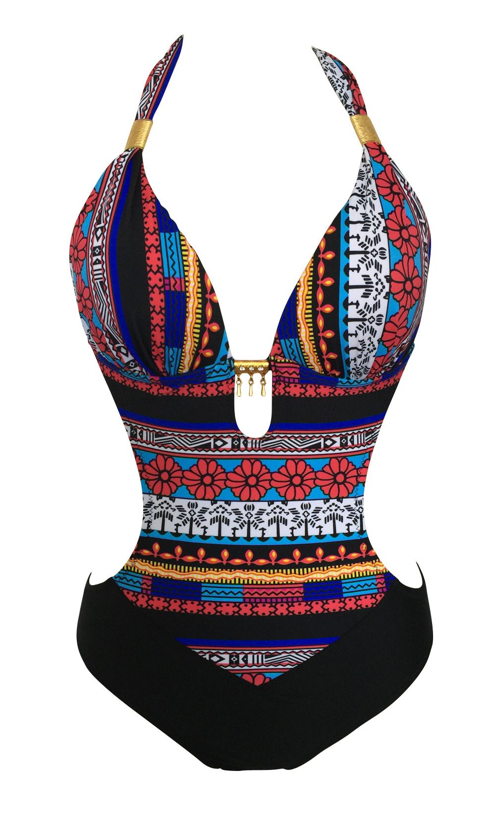 时尚夏季外贸波纹金色饰品连体三角女士泳衣