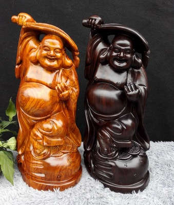 50cm草花梨拿扇佛 芭蕉扇自在弥勒佛红木雕刻工艺品摆件