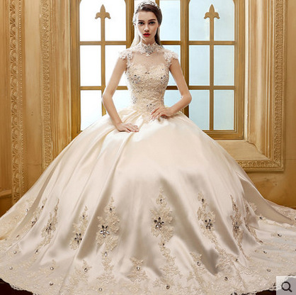 婚纱礼服2020新款 韩式复古立领齐地公主奢华包肩蓬婚纱