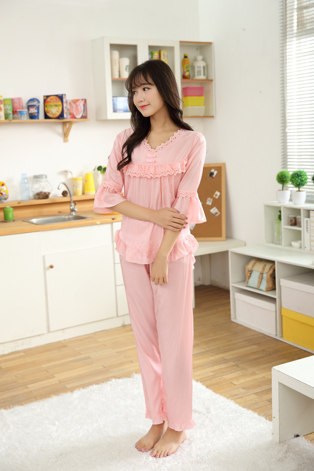 新款夏季天丝棉睡衣女士舒适蕾丝家居服中袖长裤女式套装厂家