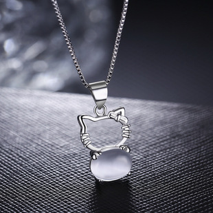 纯白铜镀白金 水晶猫项饰韩版s925项链 纯银小猫咪吊坠女 厂