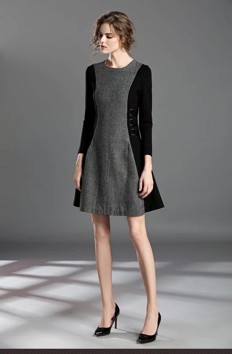 高端欧美品牌2016新款秋装优雅撞色拼接气质修身毛呢连衣裙批发