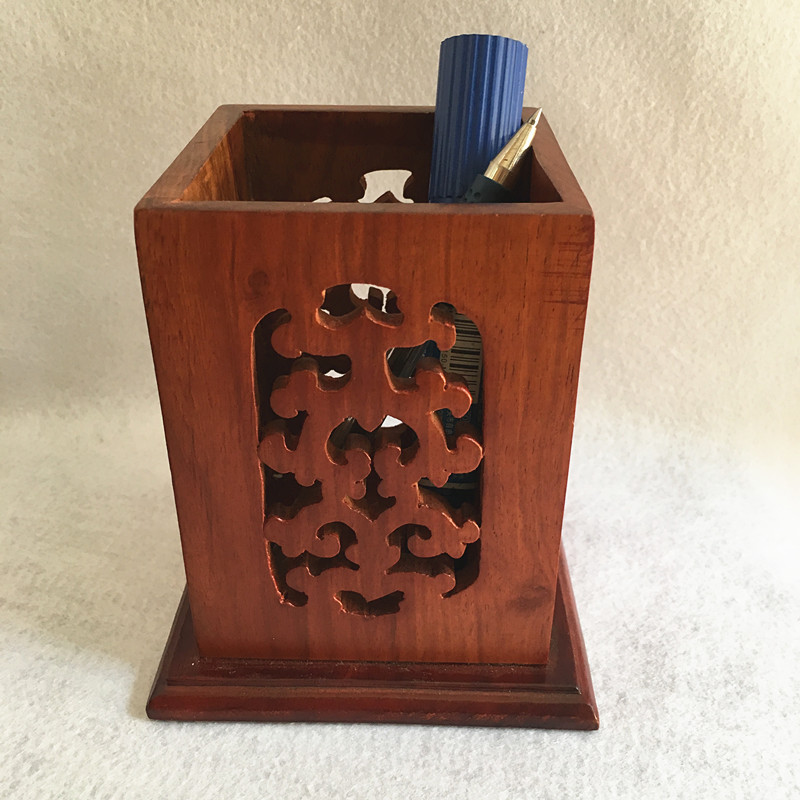 批发越南花梨木笔筒实木雕刻镂空学生笔筒简约木质笔筒可加logo