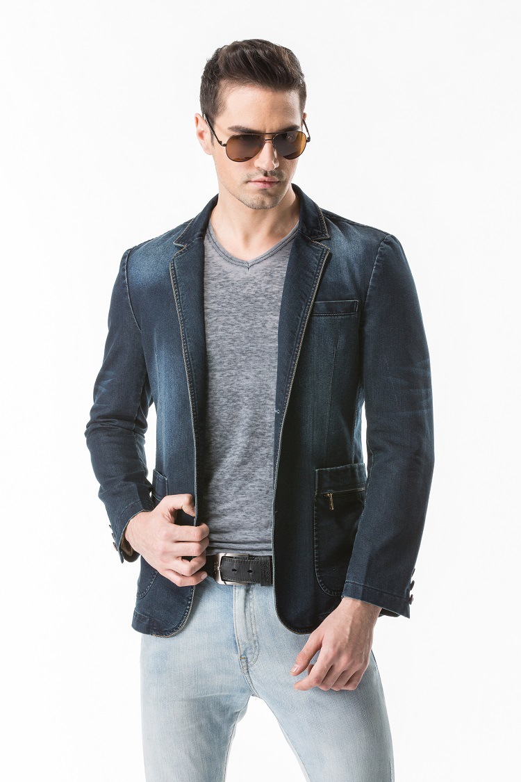 春秋新款牛仔小西装外套韩版男士修身西服单西牛仔上衣潮流便西男