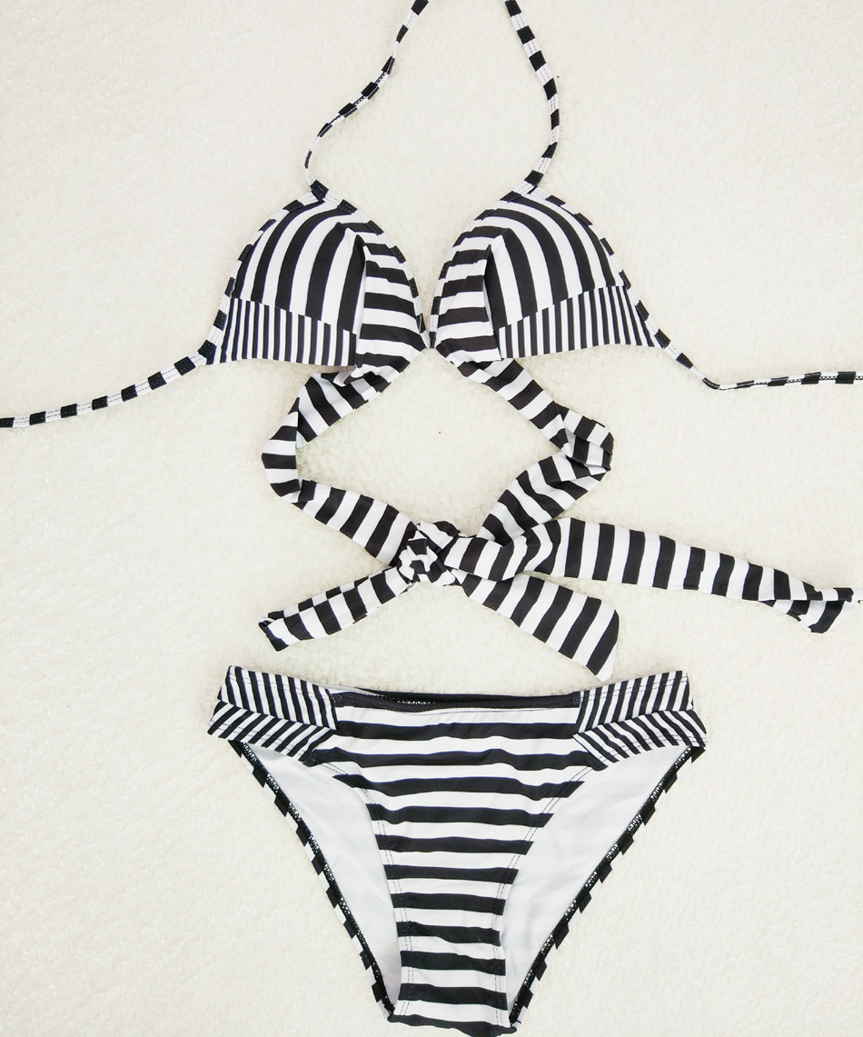 速卖通比基尼 条纹交叉绑带bikini泳