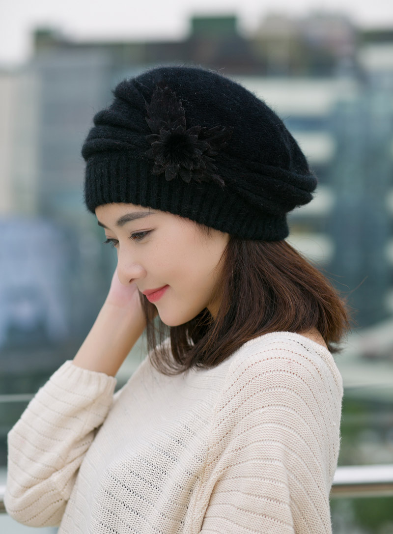 韩国女款秋冬季时尚兔毛贝雷帽子 女士纯色加绒保暖毛线帽子批发