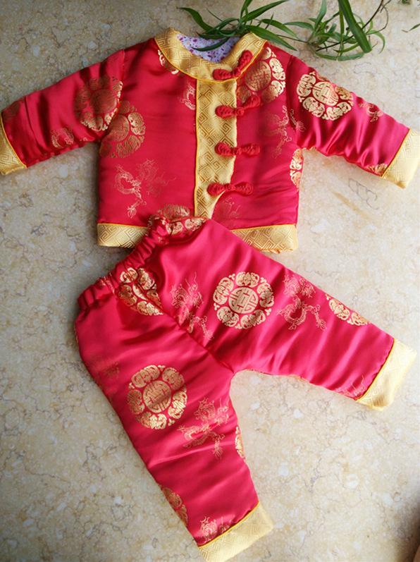 秋冬季新款 儿童唐装手工棉花 凤尾宝宝保暖套装 女童加厚新年装