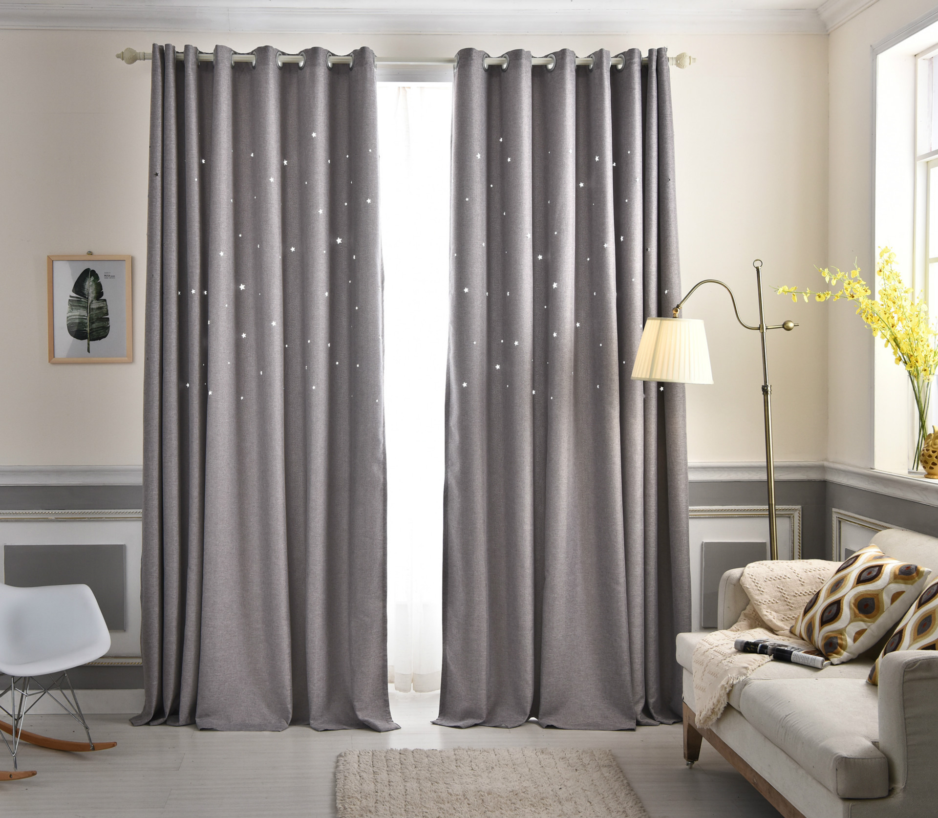 高档加厚窗帘布全遮光酒店工程纯色麻布现代简约镂空星星窗帘布