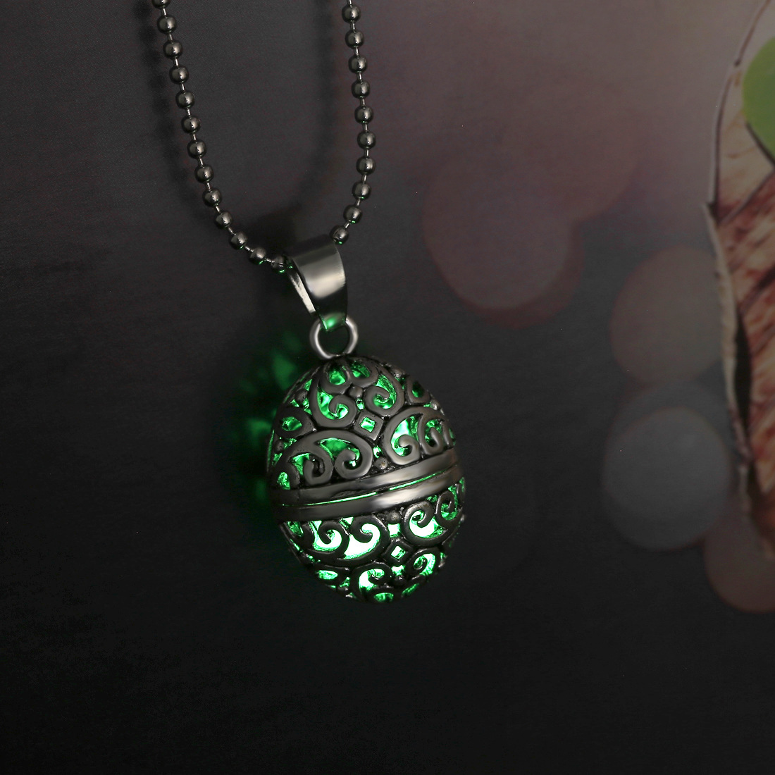 欧美宫廷复古夜光吊坠 夜光项链 椭圆镂空夜光石吊坠 厂家批发