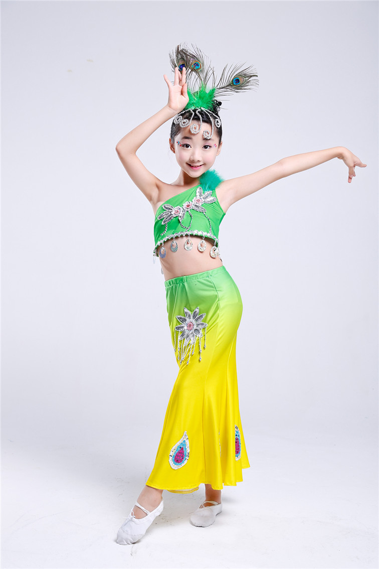 新款儿童傣族舞蹈服弹力孔雀舞演出服装女童少儿傣族鱼尾裙演出服-舞