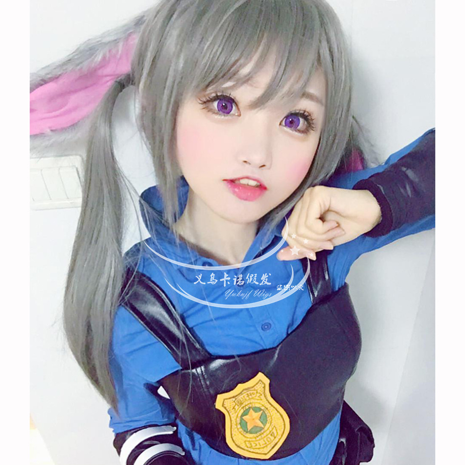 疯狂动物城朱迪兔子拟人judy扎高双马尾cos假发银灰色cosplay假毛