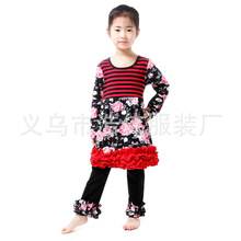 欧美外贸新款儿童优质棉舒适套装 褶皱花边长上衣长裤两件套 批发