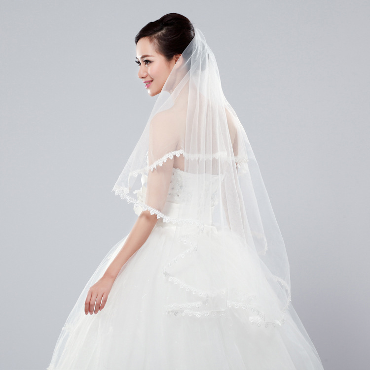 结婚头纱新娘婚纱配饰软头纱新款头纱头巾1.5米长莎蕾丝边花纹