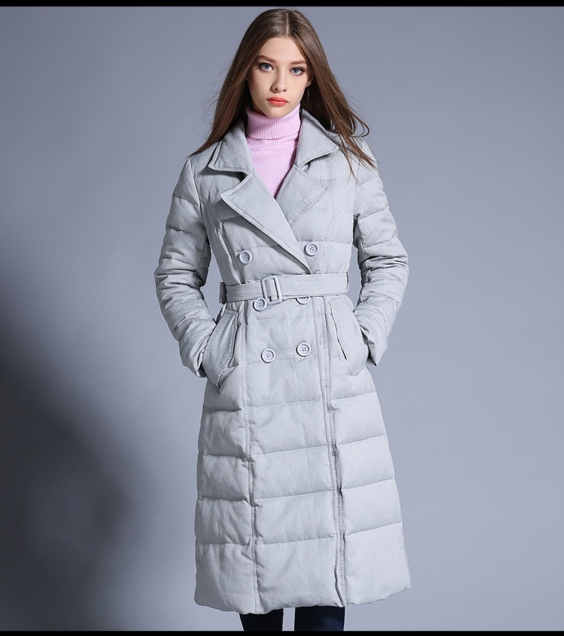 烟色品牌新款加长款大衣欧美修身女式外套翻领白鸭绒