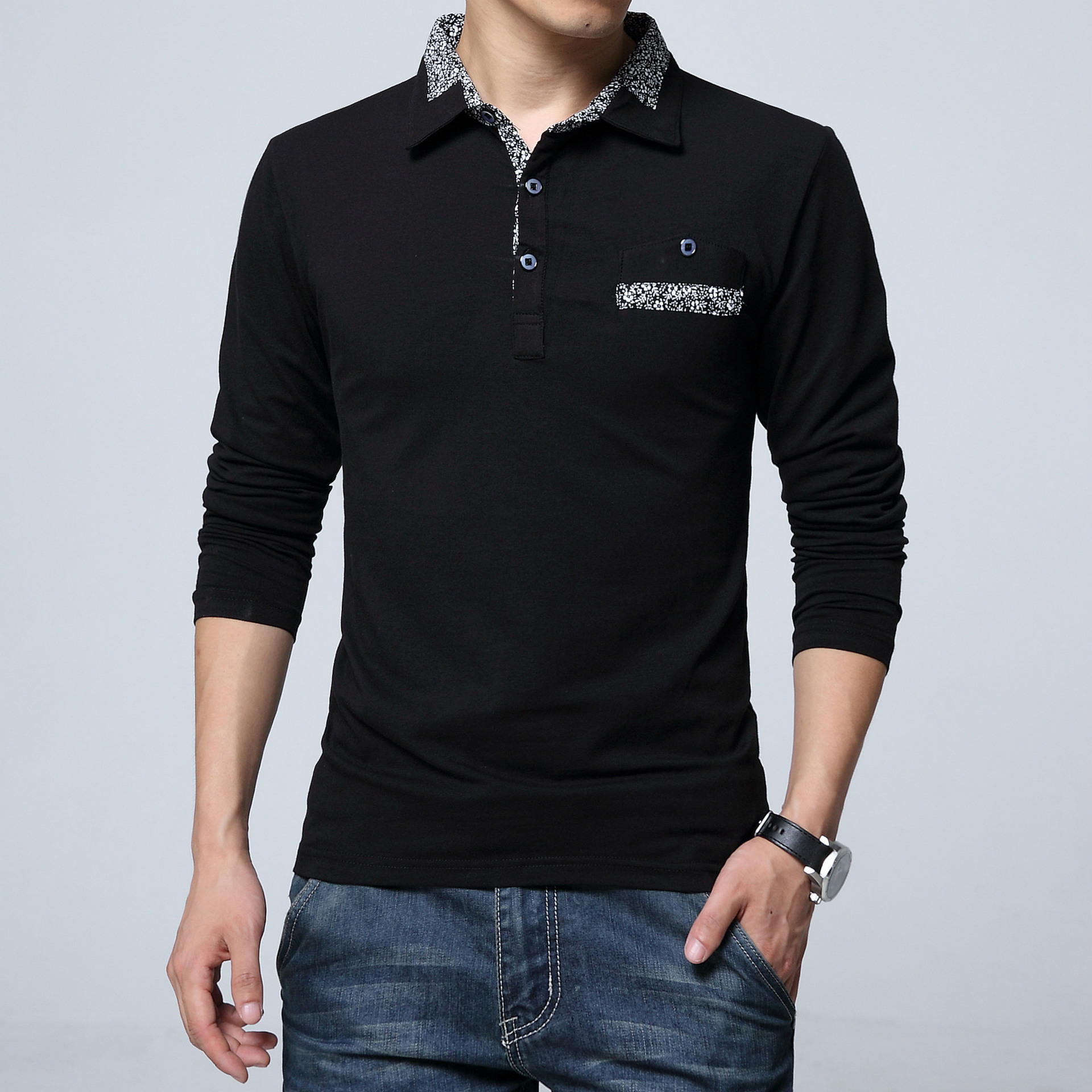 2016秋季新款男装纯棉拼接款男士长袖 休闲大码翻领纯色男式t恤