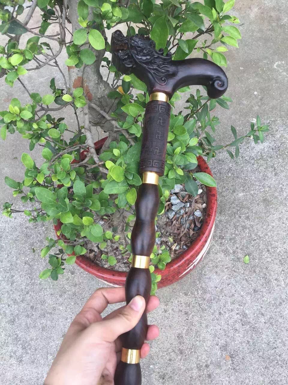 老挝大红酸枝精雕龙头拐杖老人防滑结实安全盲仗助行器红木礼品