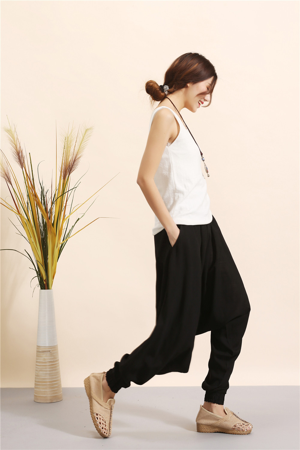 20春夏 棉麻休闲阔腿长裤 宽松大码民族风 吊裆女裤民族风旅行裤