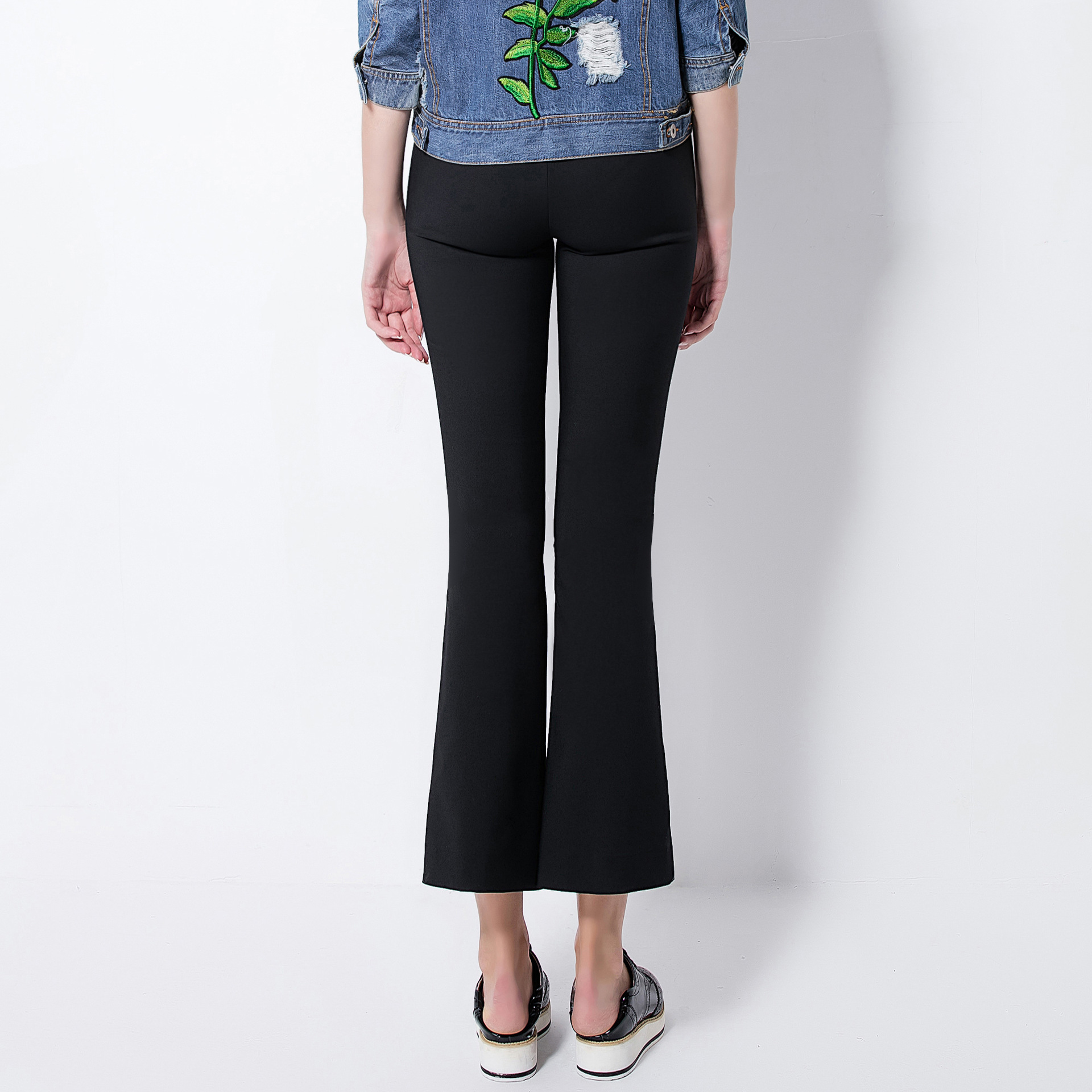 2016秋新品韩版修身显瘦弹力微喇叭裤高腰九分裤阔腿裤女裤