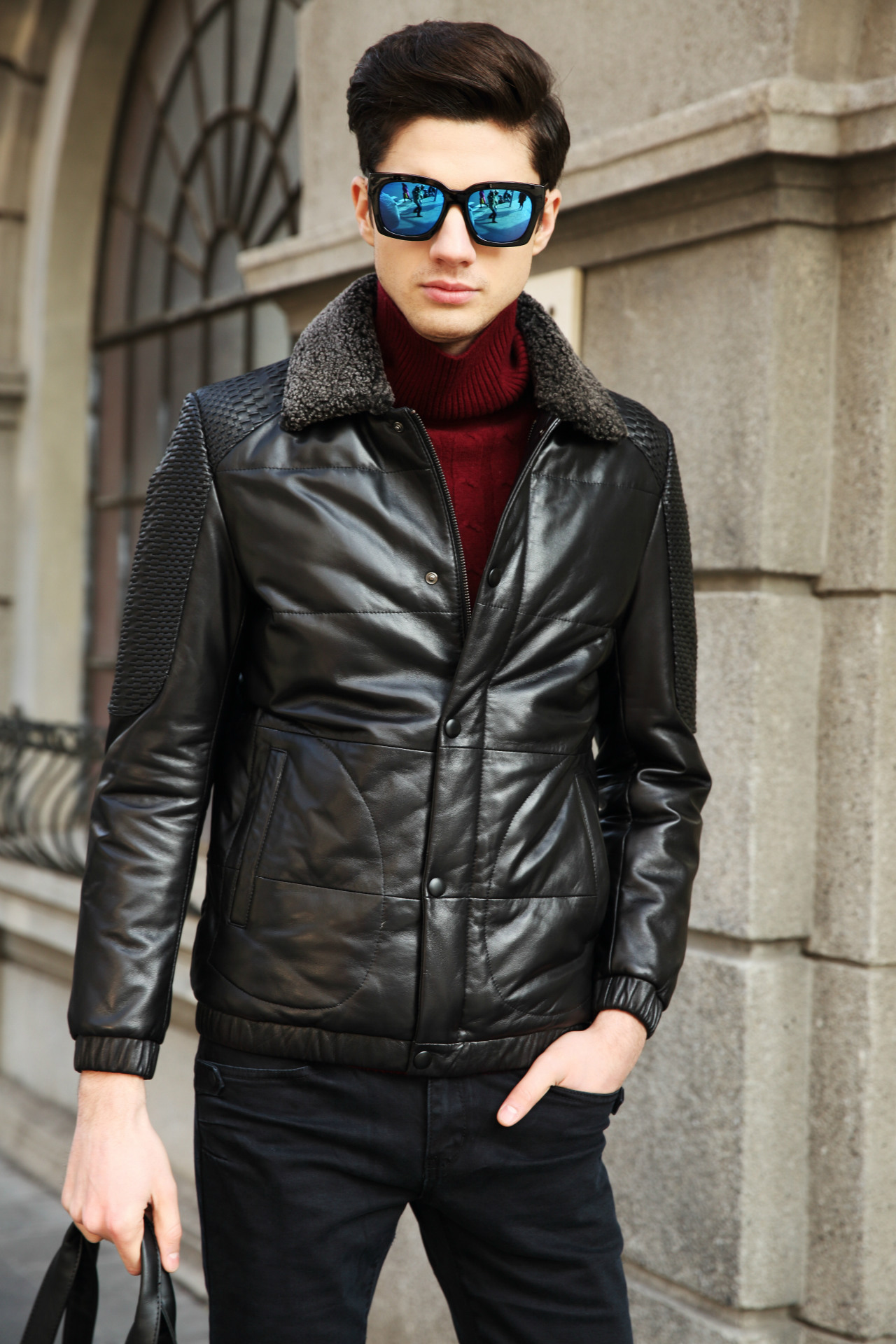 海宁真皮皮衣男 羊毛领绵羊皮短款真皮男装