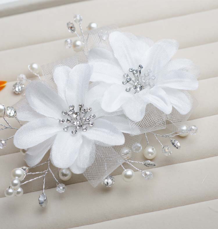 新娘头花红色韩式花朵手工串珠绢纱头饰结婚白色大花朵婚纱配饰