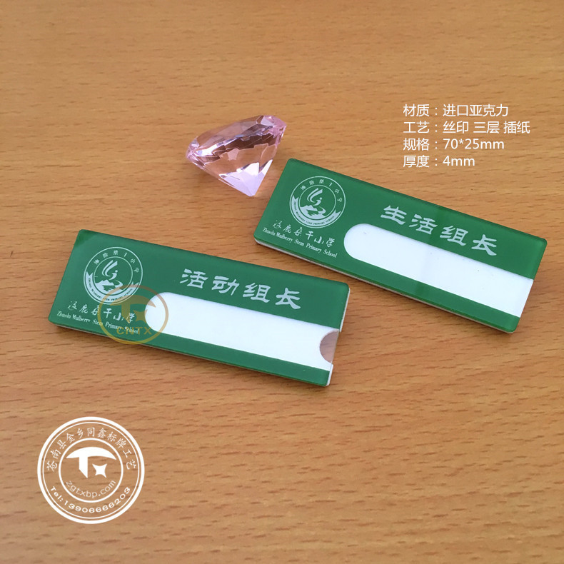 定制长方形胸牌 学生校徽校牌 亚克力别针胸牌 更换内芯插纸.