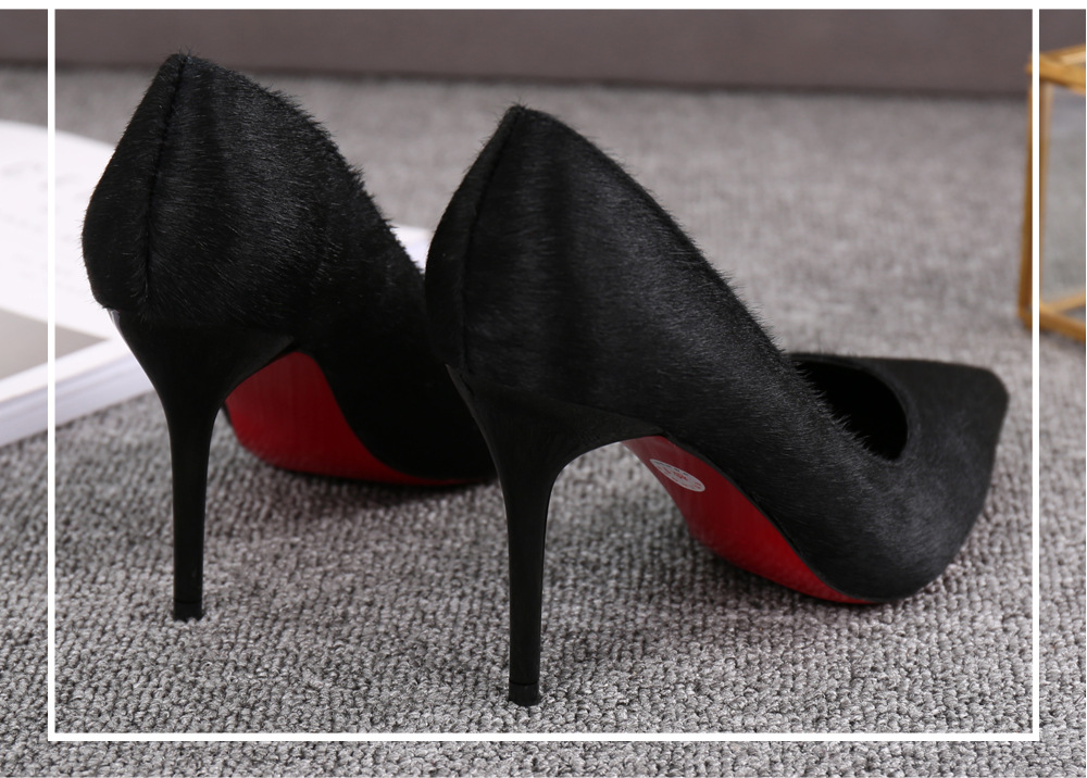 2018新款真皮女鞋浅口细高跟尖头马毛单鞋黑色ol欧美套脚鞋