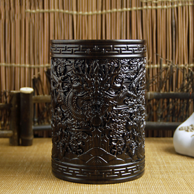 红木雕刻黑檀酸枝木笔筒实木摆件木质毛笔筒办公桌面摆件工艺品