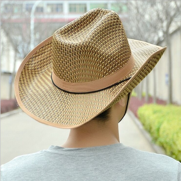 【2016男士西部牛仔帽子度假夏大檐太阳防晒遮阳藤草帽编凉帽】价格