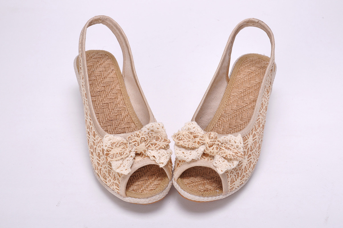 棕艺众康棕丝鞋麻鞋 女士凉鞋蕾丝蝴蝶结 坡跟鱼嘴布鞋 批发