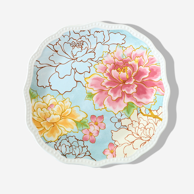 6英寸家用菜盘子西餐方盘意面盘盘装饰盘挂盘牡丹花-找大米