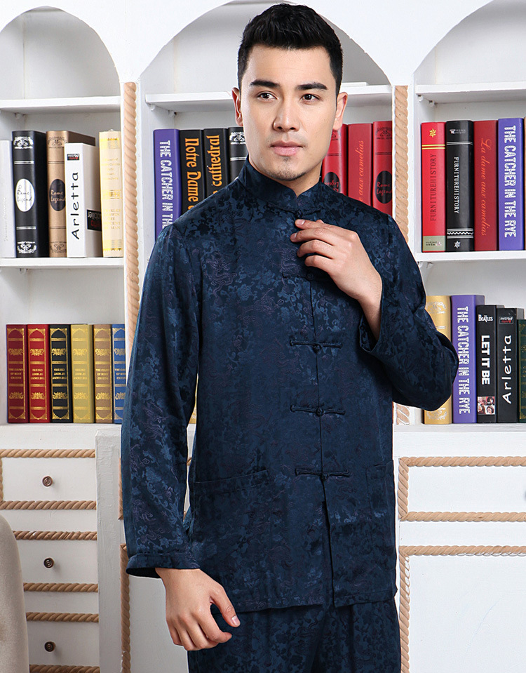 中老年长袖唐装男上衣 春夏季长袖真丝民族服装汉服桑蚕丝唐装男