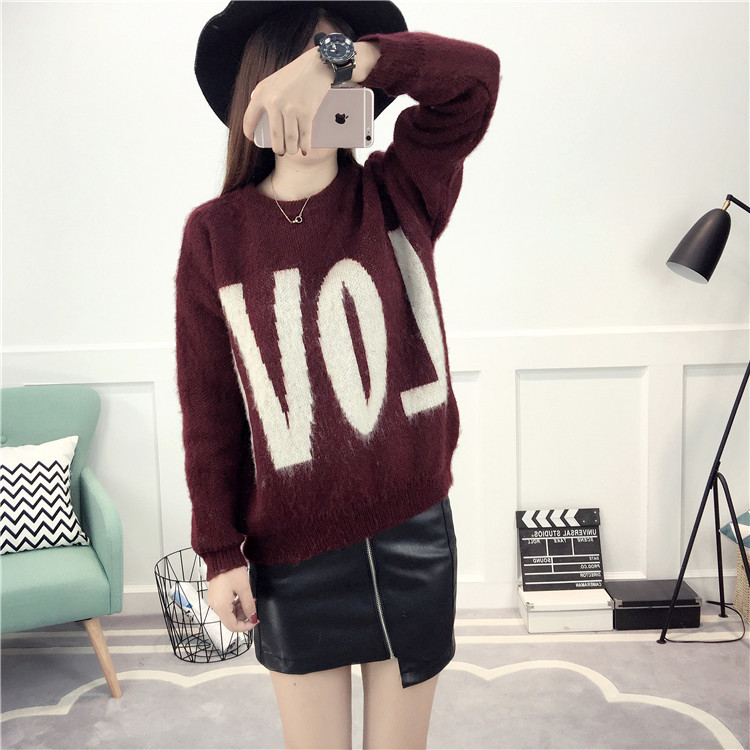 时尚字母毛衣韩版学生秋冬女装2016新款套头打底衫宽松针织衫女式