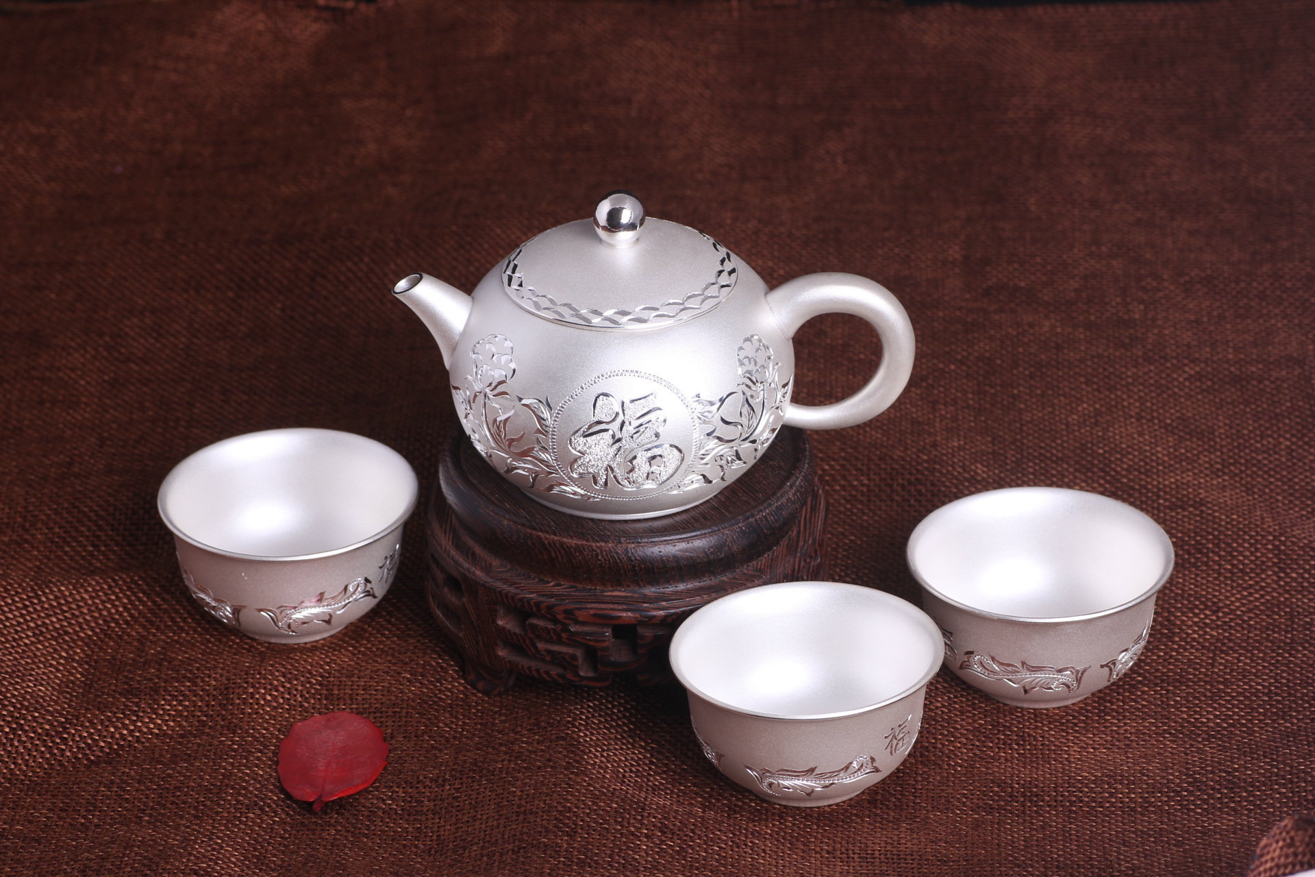 德豪珠宝福字手雕银茶具足银999银茶杯工艺品摆件