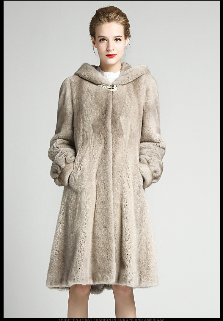 丹麦天鹅绒银兰水貂长款戴帽裙摆整貂皮草外套貂皮大衣