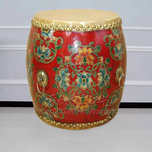 45高包邮新中式田园家具手绘复古梳妆鼓凳实木牛皮圆凳换鞋凳鼓墩