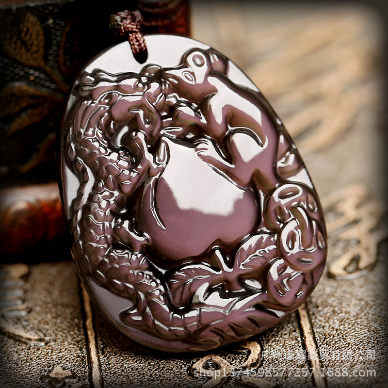 正品 开光属猴本命年冰种彩眼黑曜石龙鼠献桃吊坠2016吉祥物 批发