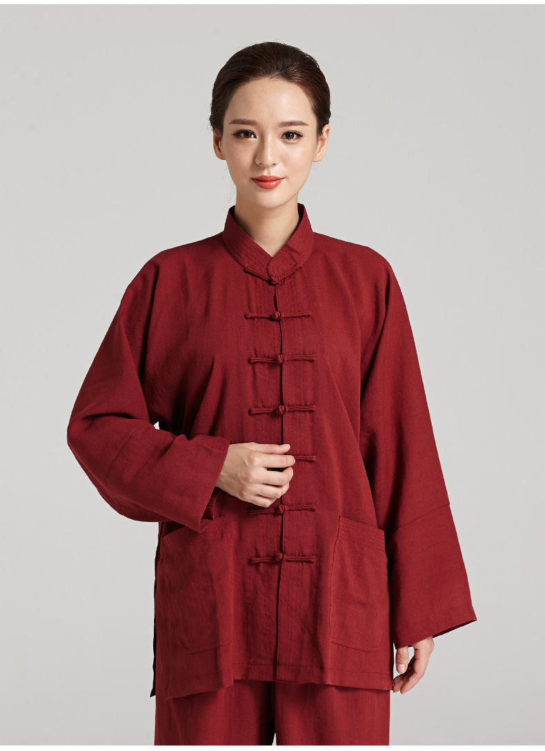 中国风唐装秋季成人太极服 女式太极拳练功服 亚麻武术表演服套装