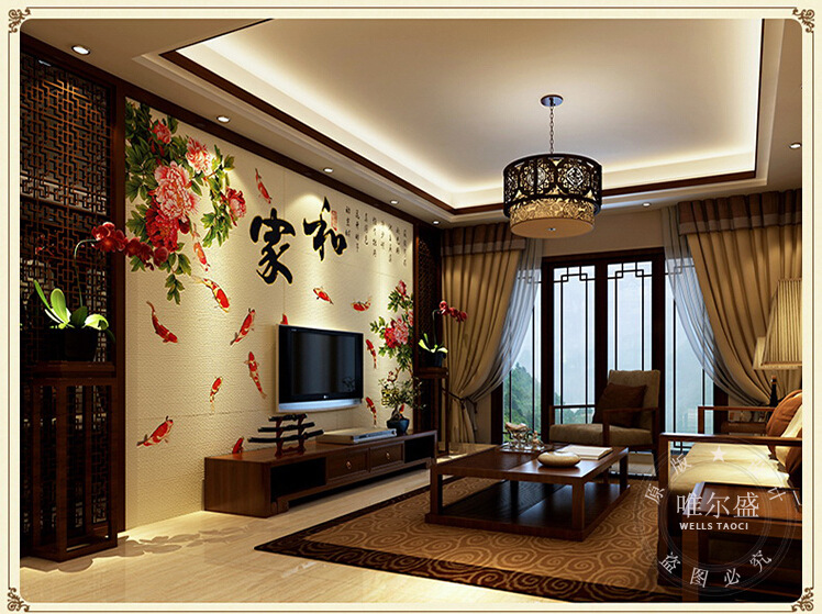 唯尔盛瓷砖背景墙3d中式现代客厅电视背景墙瓷砖文化墙牡丹花家和-胶