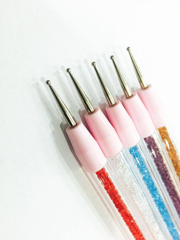 新款美甲批发双头点花笔5支套装 带钻点花笔指甲光疗点花针