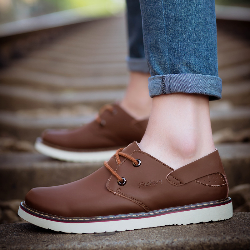 春季牛仔裤搭配英伦户外大头鞋男真皮工装鞋男青年低帮休闲皮鞋男