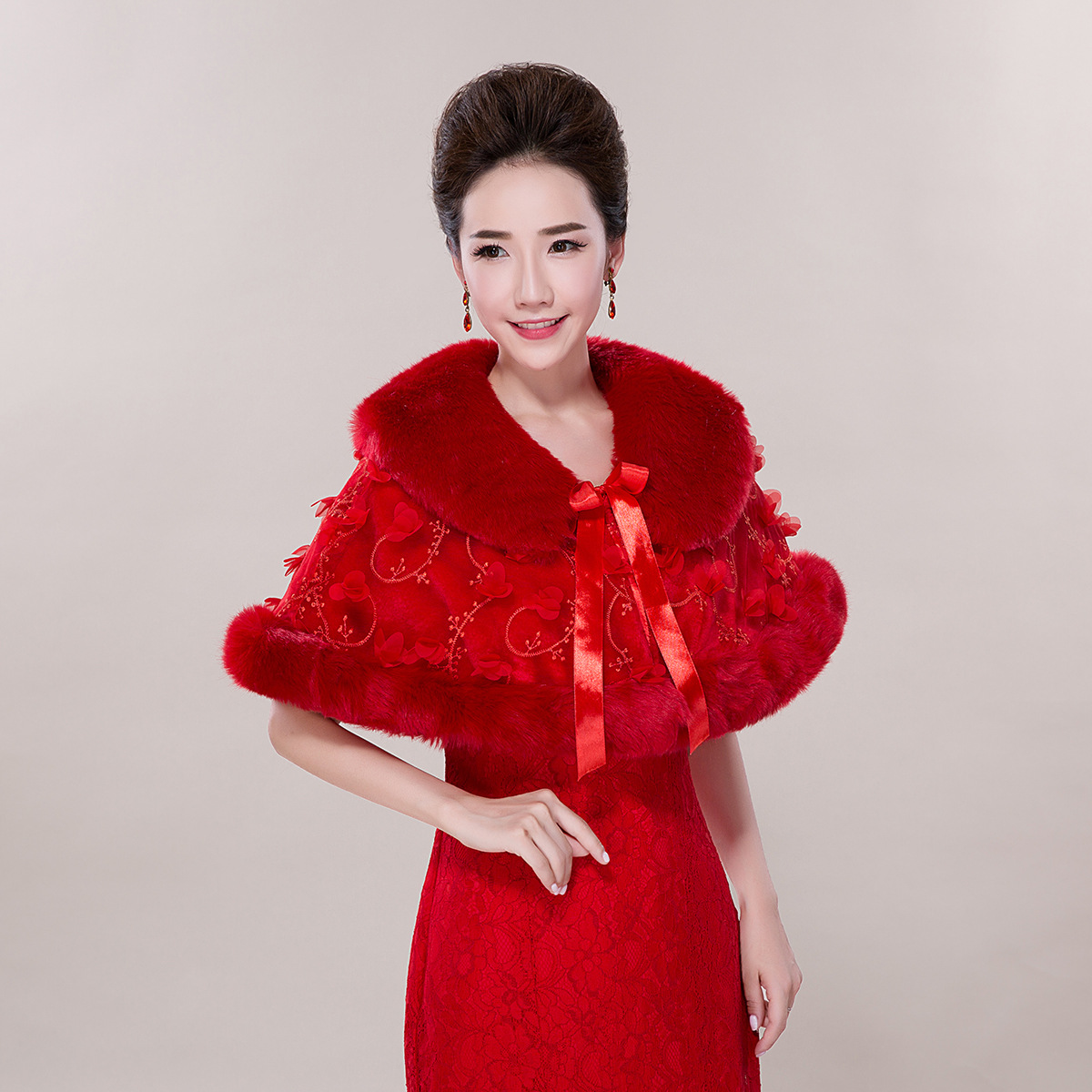 新娘结婚纱礼服披肩自带花红色小披风秋冬婚