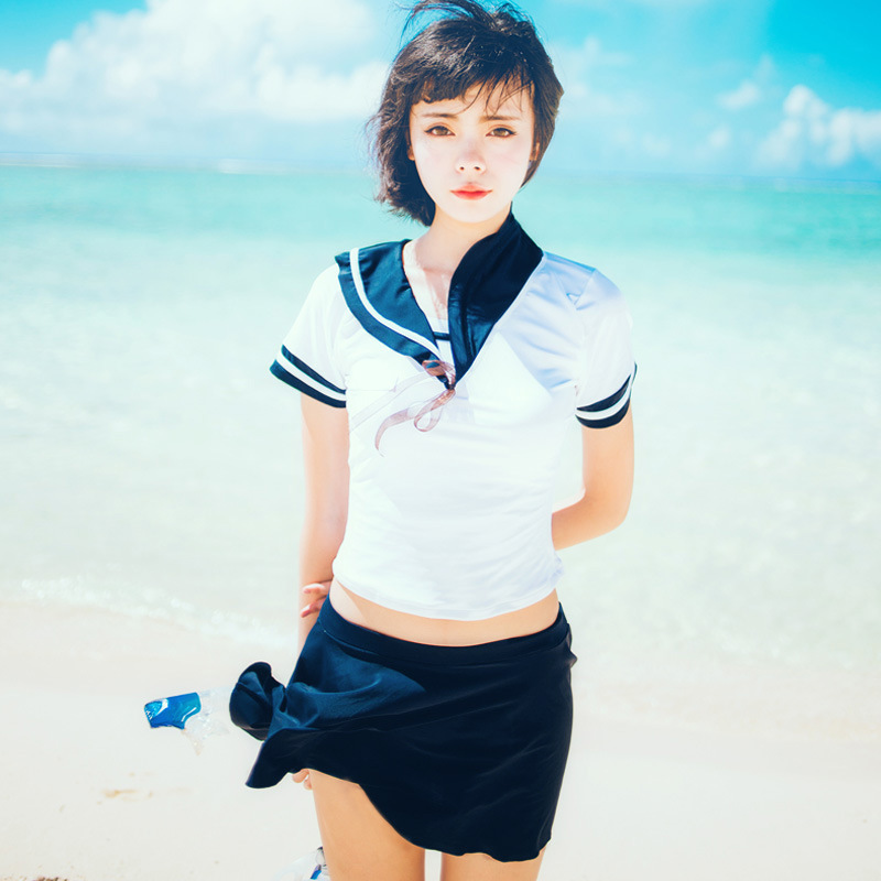 日本水手服死库水日本学校泳装泳衣学生水着制服分体裙款