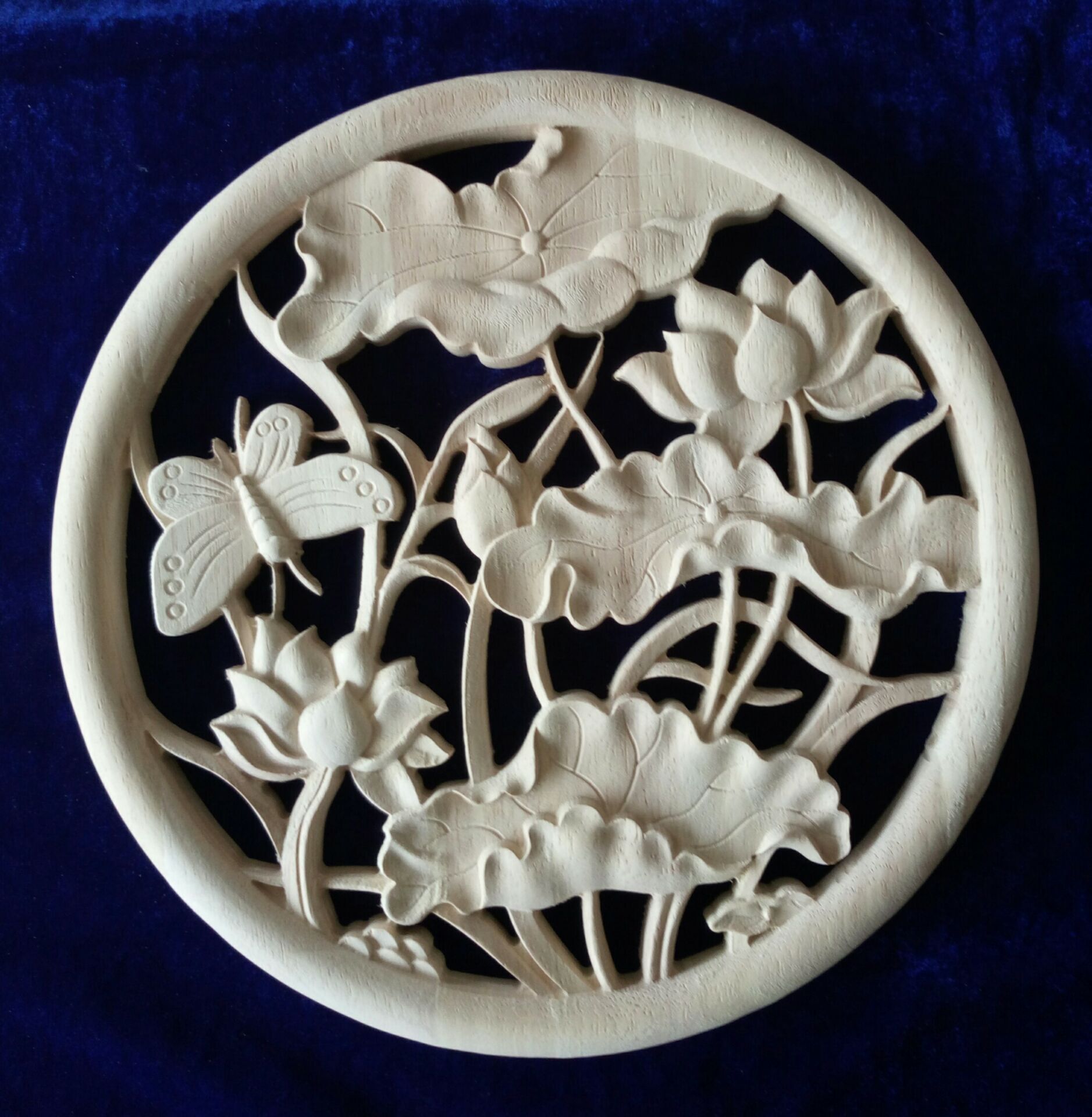 木雕贴花板中式雕花配件欧式木花圆形荷花图