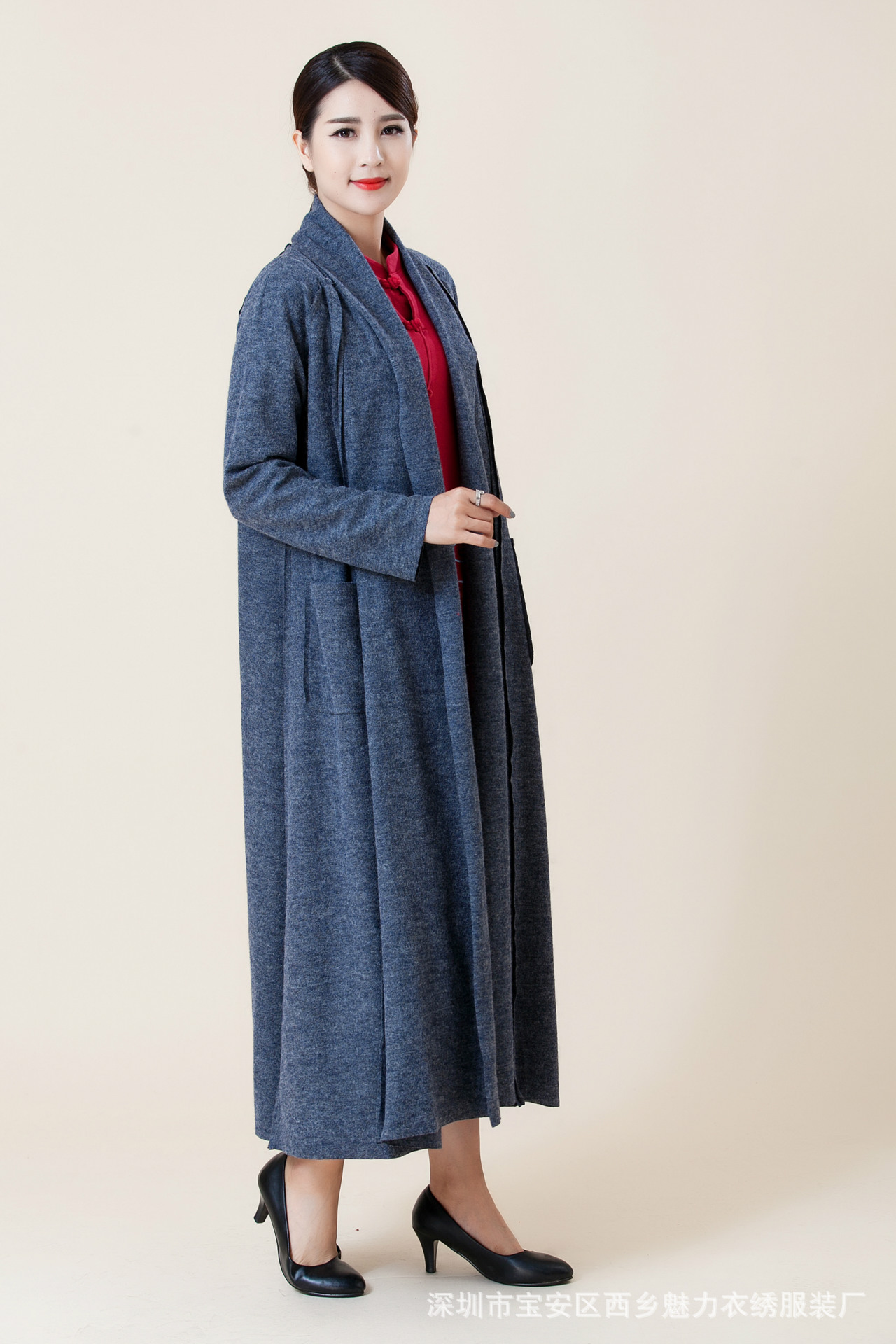 魅力衣绣民族风女装秋冬新款羊毛呢长外披绣花牡丹花长袍开衫外套