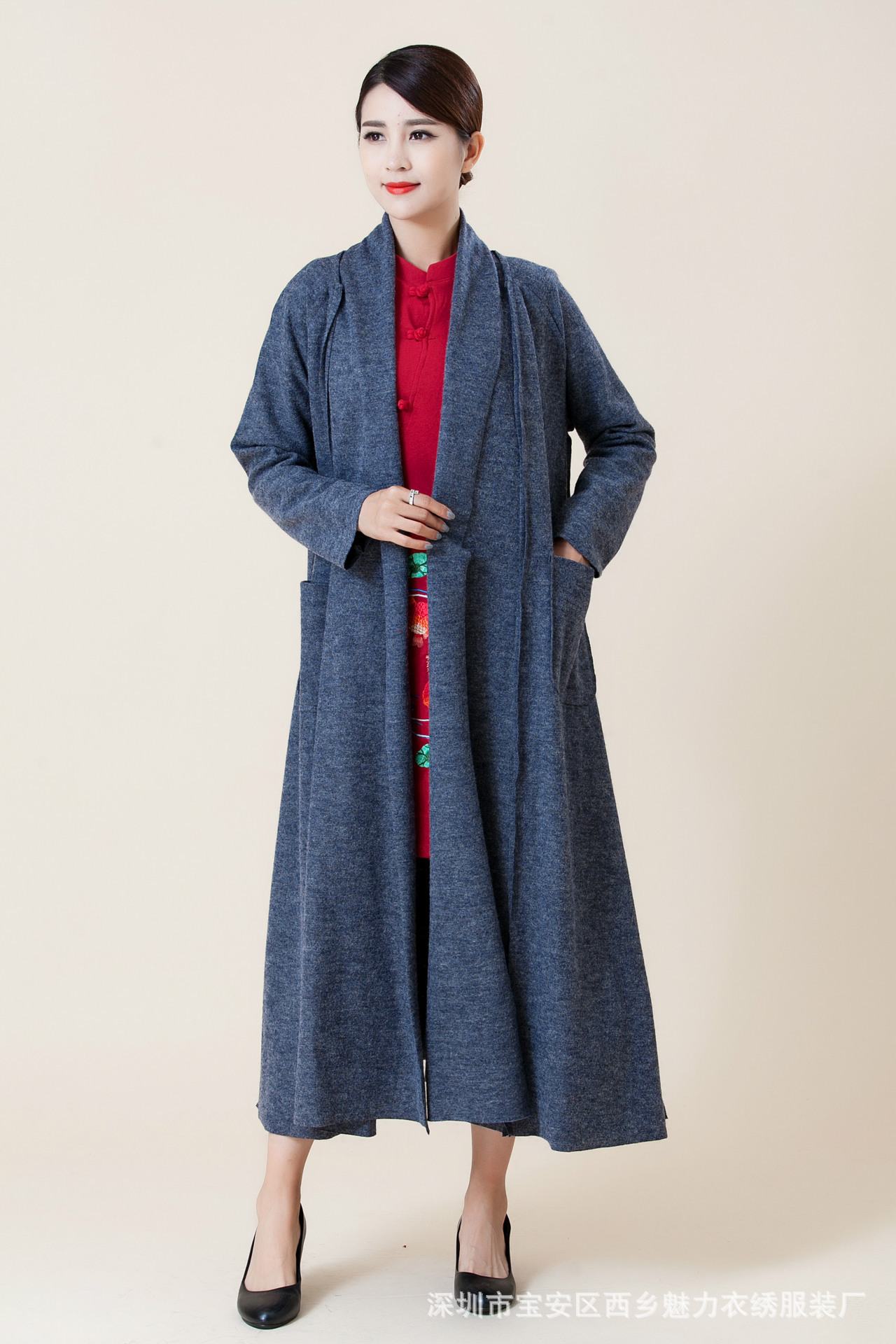 魅力衣绣民族风女装秋冬新款羊毛呢长外披绣花牡丹花长袍开衫外套