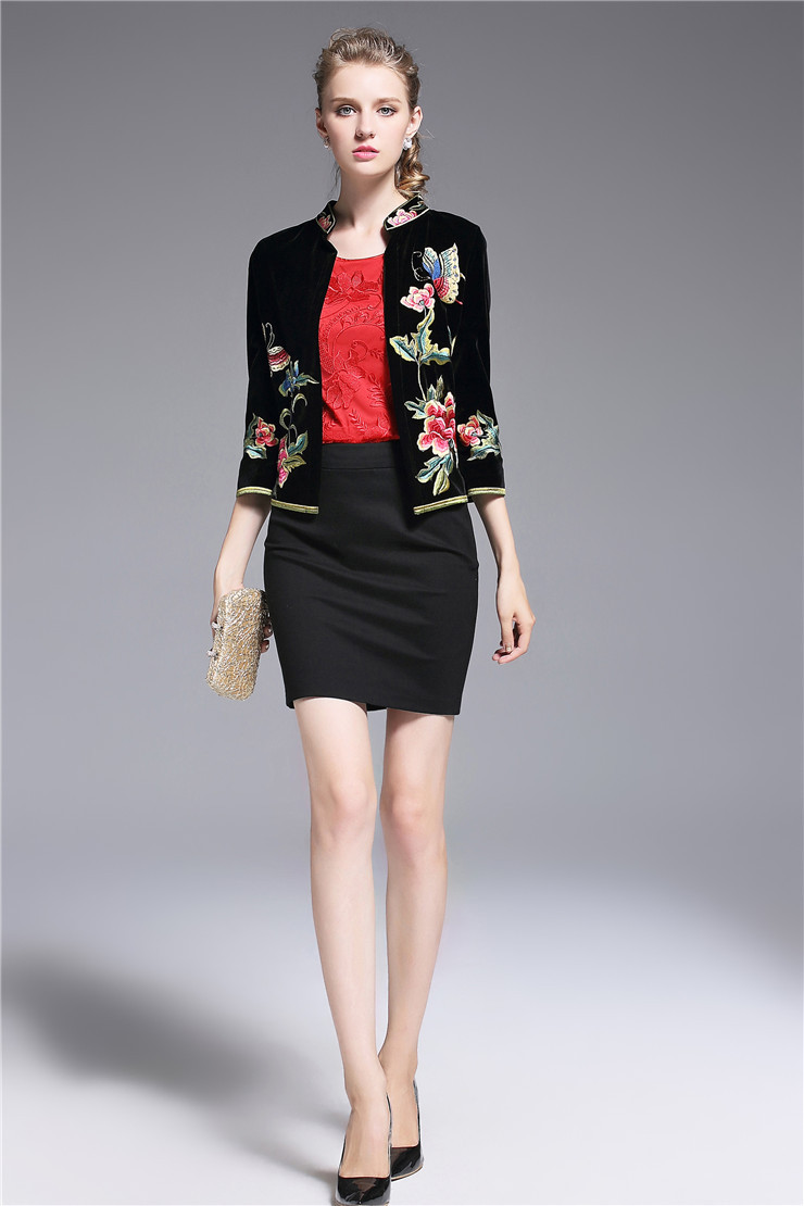 2016秋季新款中国民族风牡丹刺绣立领丝绒短外套女旗袍上衣