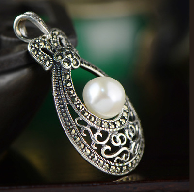 s925银饰品欧美宫廷唯美女款镶马克赛泰银仿古银镶嵌雕花珍珠吊坠