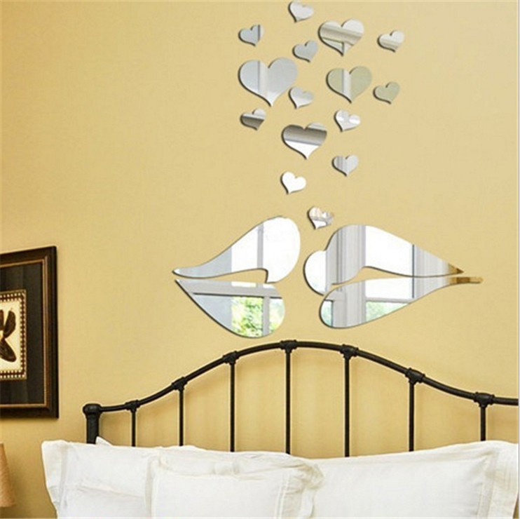 新款亚克力浪漫婚房爱心3d立体墙贴 diy装饰客厅卧室镜面贴批发